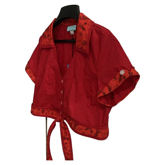 Unique Vintage X Jetson's XL Red Tie Front Crop Top Button Up Collared Shirt NWT - Picture 14 of 16